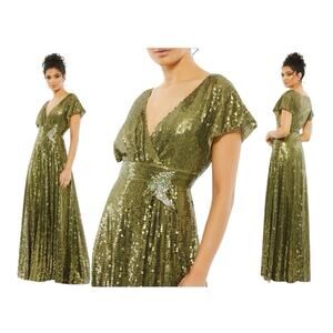 Mac Duggal Olive Green Sequined Butterfly Sleeve Faux Wrap Gown Size 4 $598